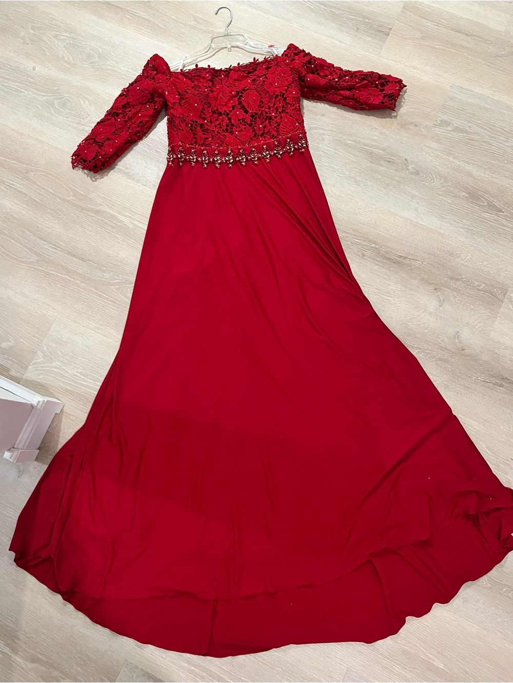 JJ’s House Red Off-Shoulder Lace Sequin Maxi Evening Dress